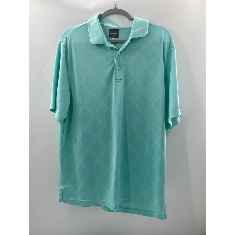 Greg Norman Tasso Elba Play Dry Golf Polo Shirt Teal Diamond Grid Mens Large